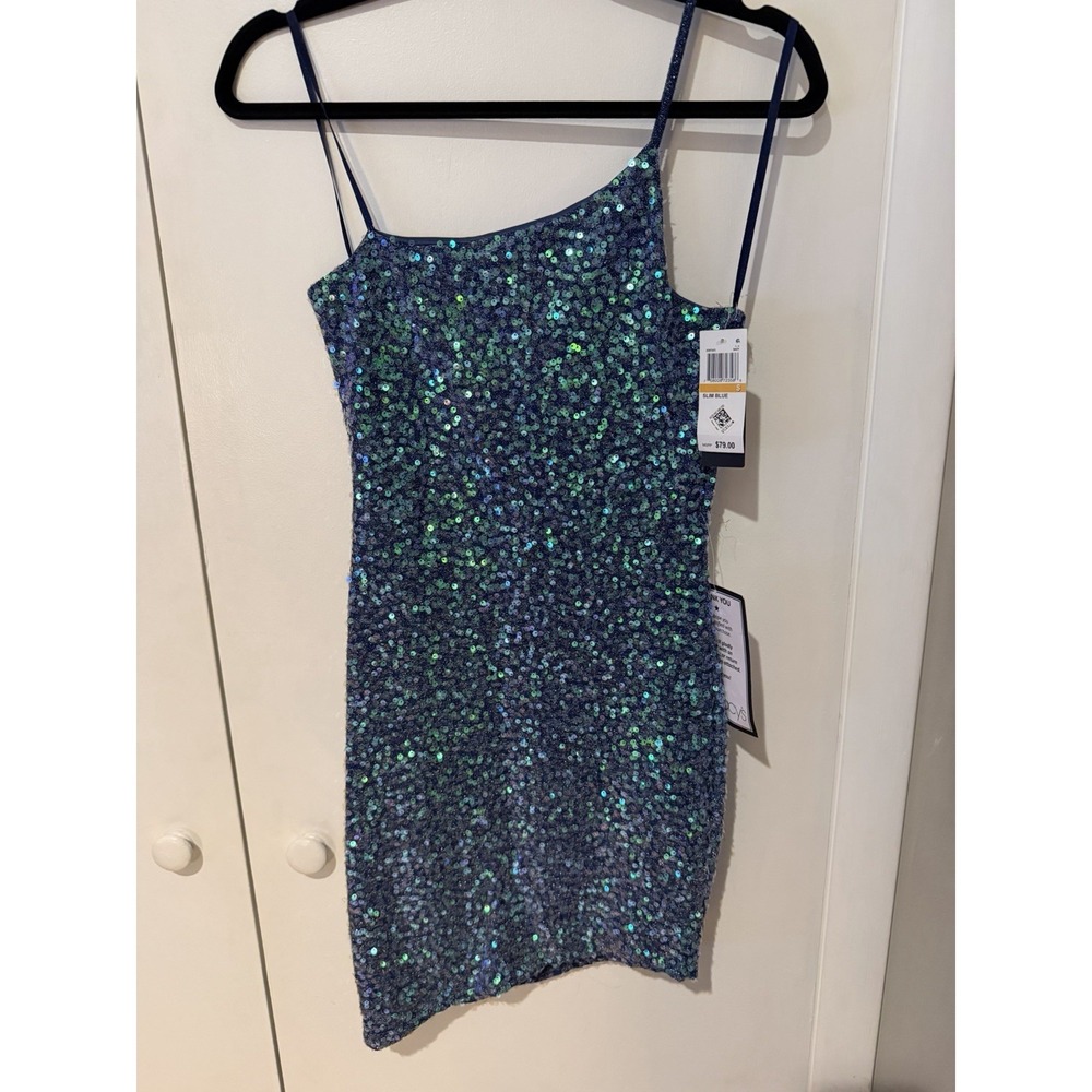 City Studio Blue Sequin Body‎ Con One Shoulder Dress Short Blue Size Small